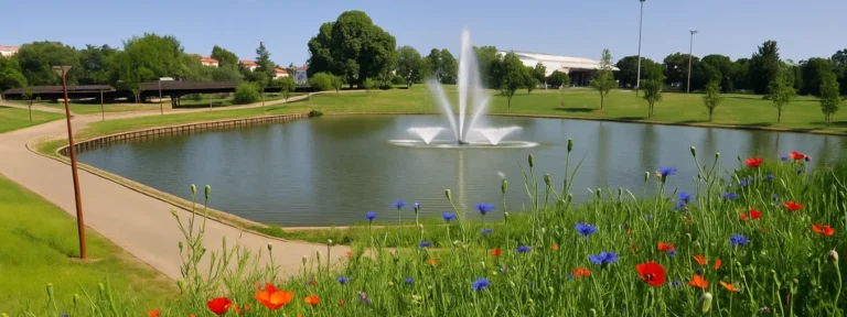 Plan d’eau paysager avec fontaines à Blagnac, ville desservie pour l’élagage près de Toulouse – Elagage Toulouse (31)