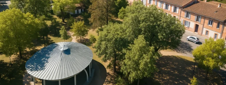 Vue aérienne d’un parc arboré à Colomiers, avec kiosque et habitat toulousain typique, zone couverte pour l’élagage – Elagage Toulouse (31)