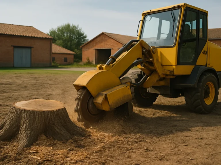 Machine jaune en action pour dessouchage d’une souche dans une forêt près de Toulouse – Elagage Toulouse (31)