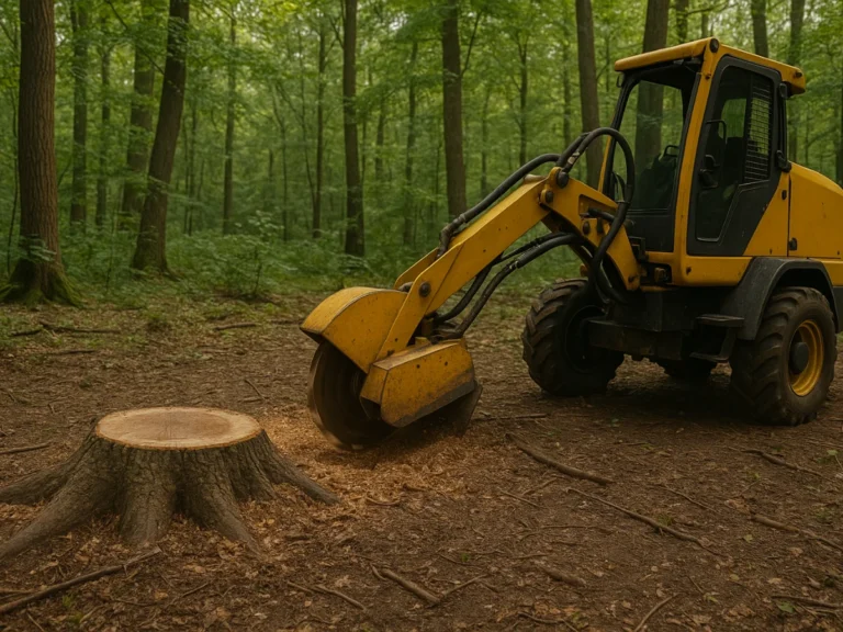 Souche d’arbre en cours de rognage dans un jardin toulousain, avec tronçonneuse et dessoucheuse – Elagage Toulouse (31)