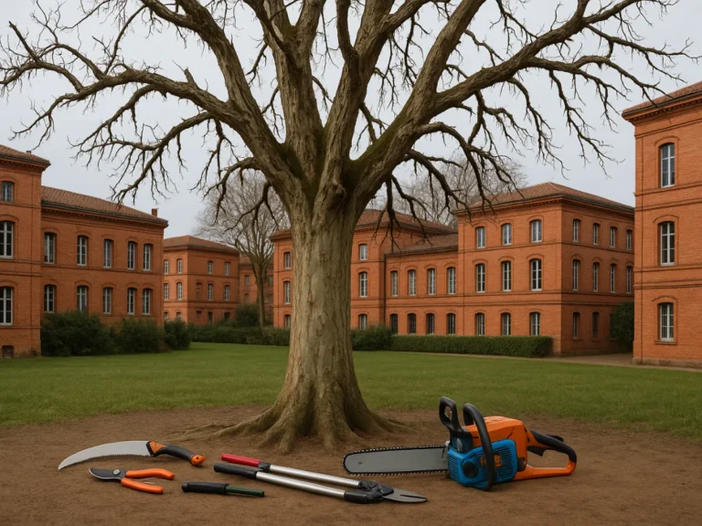 Grand arbre à élaguer dans un espace public à Toulouse, avec outils d’élagage posés au sol – Elagage Toulouse (31)
