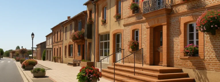 Façade en briques et rue fleurie à Fonsorbes, secteur couvert pour l’élagage dans la région toulousaine – Elagage Toulouse (31)