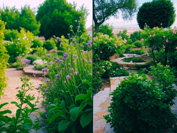 Allée fleurie traversant un jardin luxuriant en fin de journée