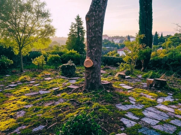 Tronc d’arbre fraîchement coupé au centre d’un jardin à flanc de colline