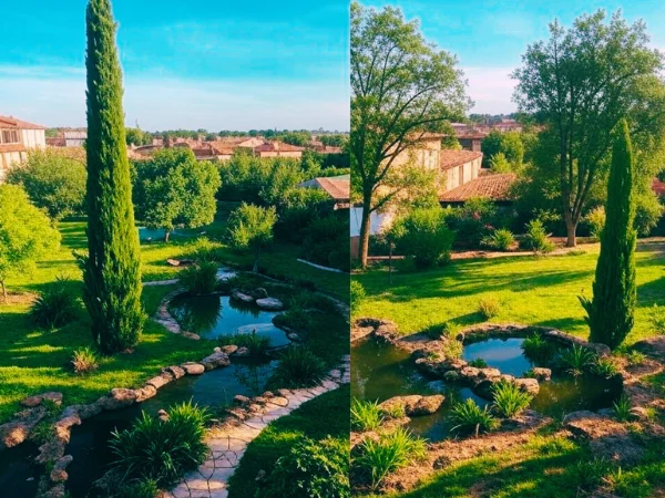 Jardin paysager avec bassin et cyprès dans la région toulousaine