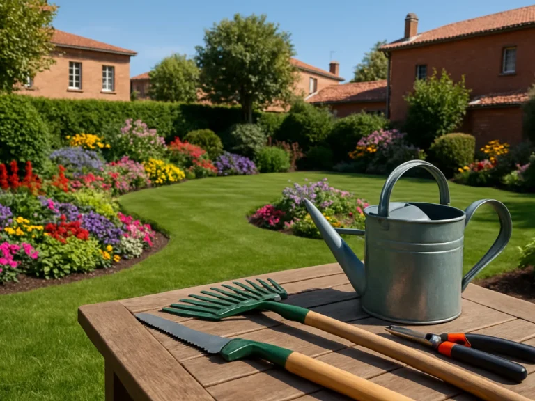 Outils de jardinage posés sur une table en bois, devant un jardin fleuri et entretenu à Toulouse – Elagage Toulouse (31)