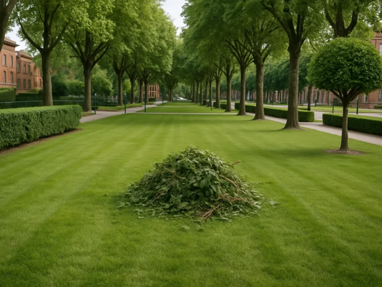 Tas de végétaux coupés au milieu d’une grande pelouse entretenue, dans un parc arboré à Toulouse – Elagage Toulouse (31)