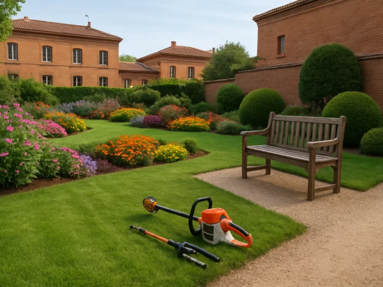Banc de jardin et outils de taille posés sur une allée dans un jardin fleuri à Toulouse – Elagage Toulouse (31)