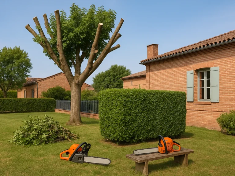 Tronçonneuses posées devant un arbre élagué, illustration des prix des services paysagiste et élagage à Toulouse – Elagage Toulouse (31)