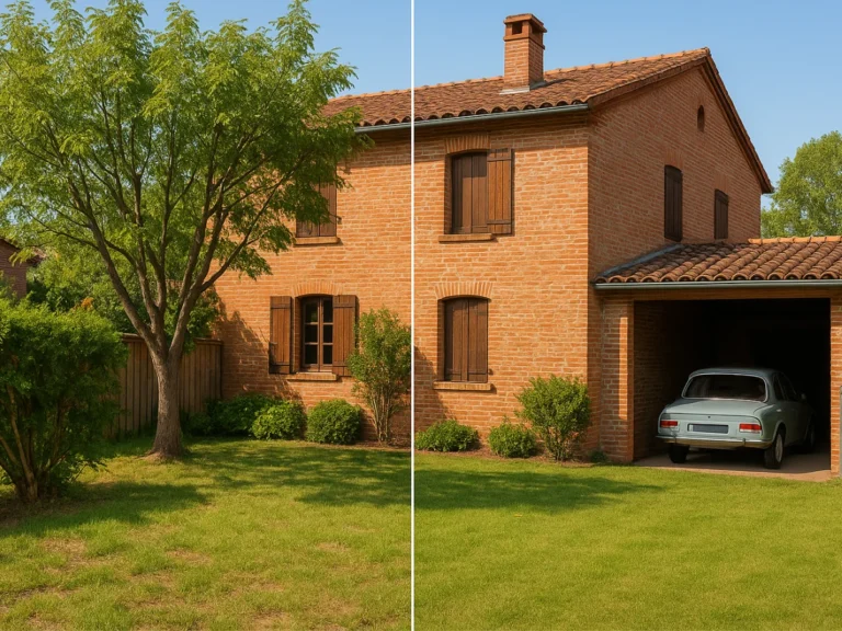 Maison avec arbre en façade illustrant un jardin avant/après élagage à Toulouse, dans le cadre d’un devis paysagiste – Elagage Toulouse (31)