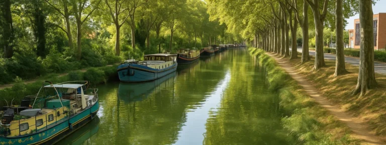 Canal bordé d’arbres et de péniches à Ramonville-Saint-Agne, secteur desservi pour l’élagage près de Toulouse – Elagage Toulouse (31)