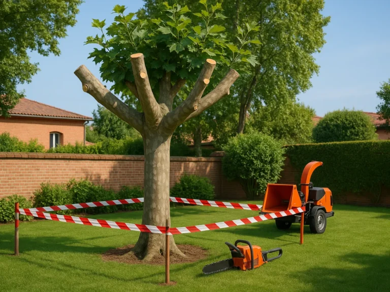 Arbre élagué avec zone de sécurité balisée et outils professionnels dans un jardin à Toulouse – Elagage Toulouse (31)