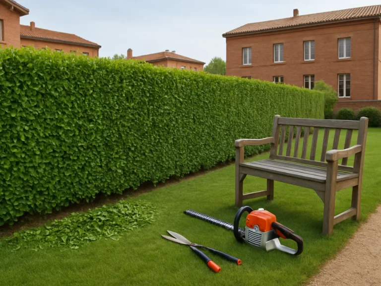 Zone de jardin à Toulouse avec banc, haie fraîchement taillée et taille-haies au sol – Elagage Toulouse (31)