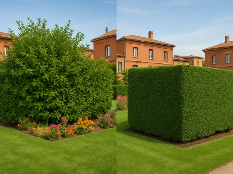 Comparaison visuelle avant et après taille de haies dans un jardin fleuri à Toulouse – Elagage Toulouse (31)